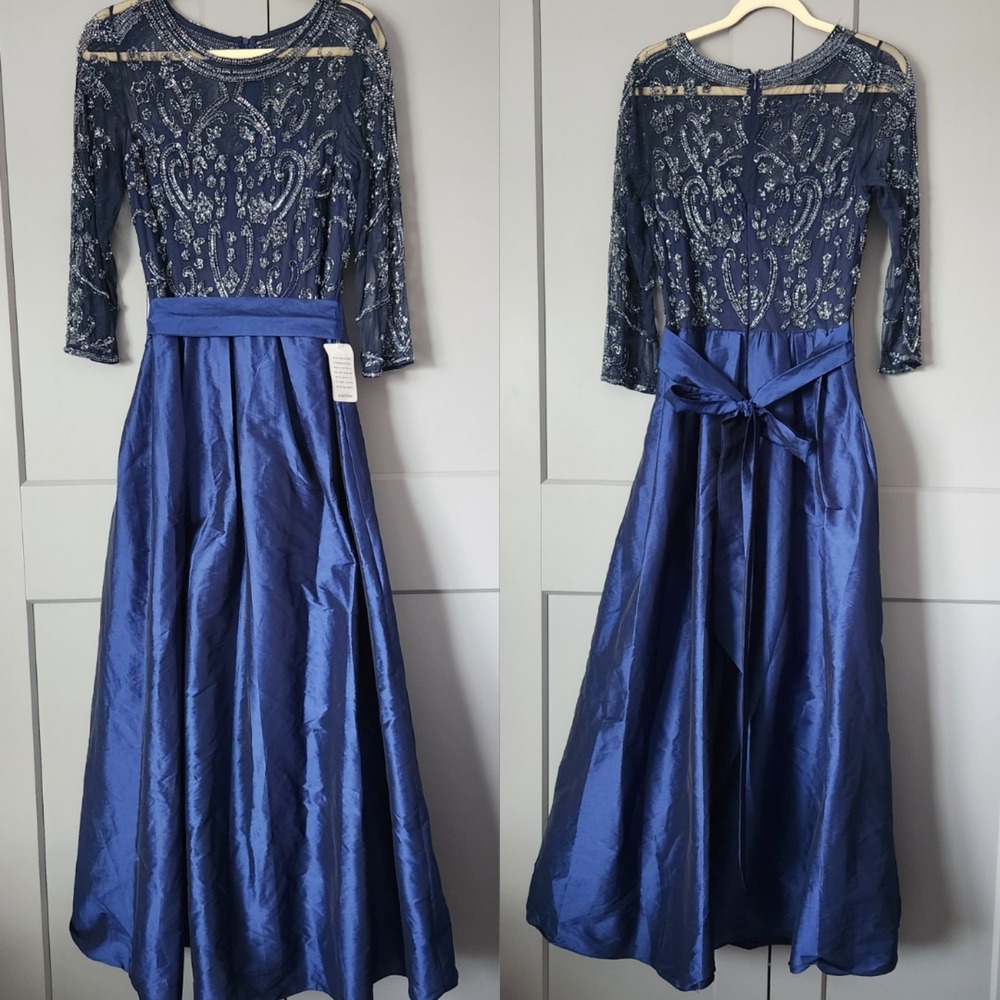 New Pisarro Nights Beaded Illusion Neck Taffeta Dress Navy Blue 12 Formal Gown